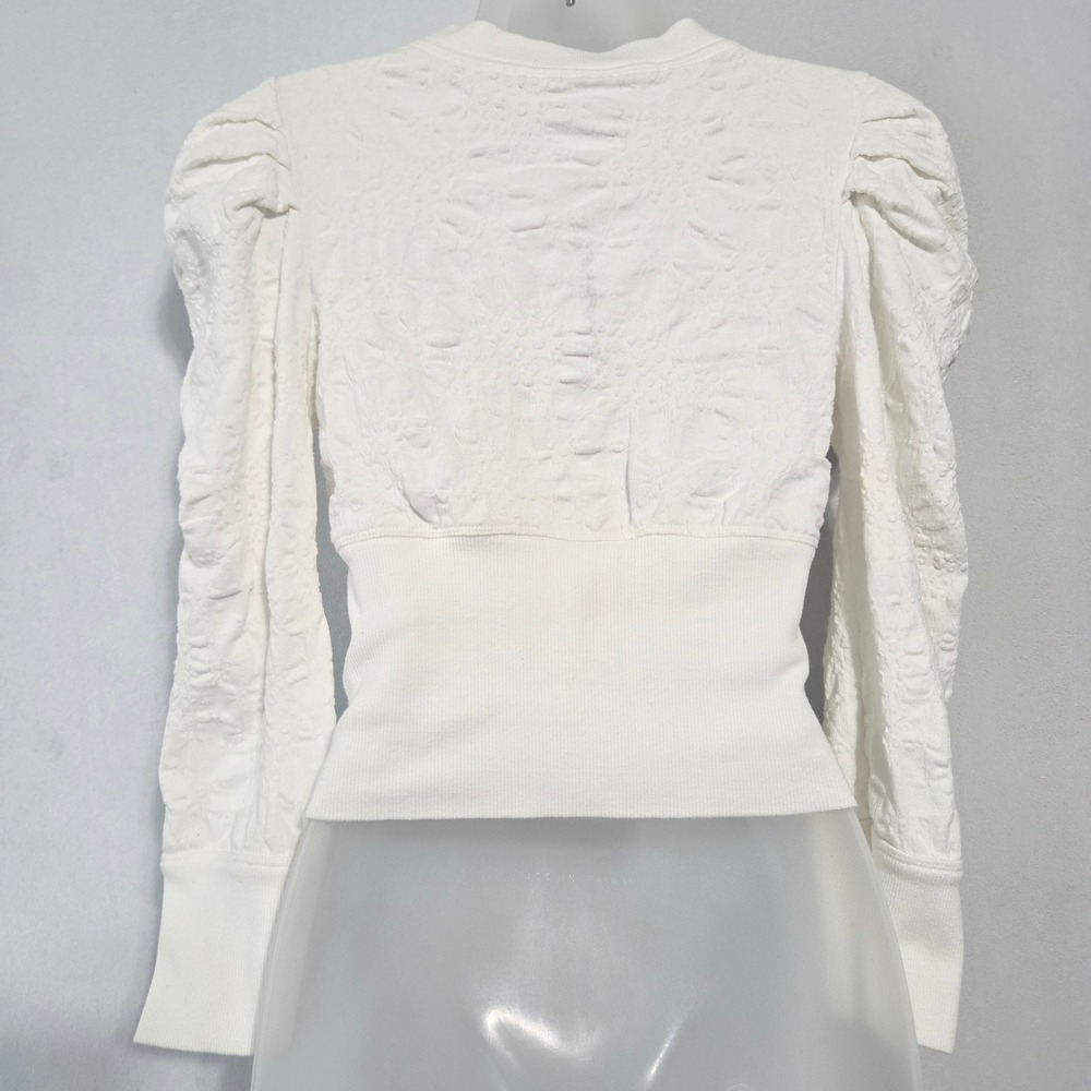 Free People Puff Sleeve Top XS White Textured Boho Romantic Victorian Cottage - Picture 2 of 12